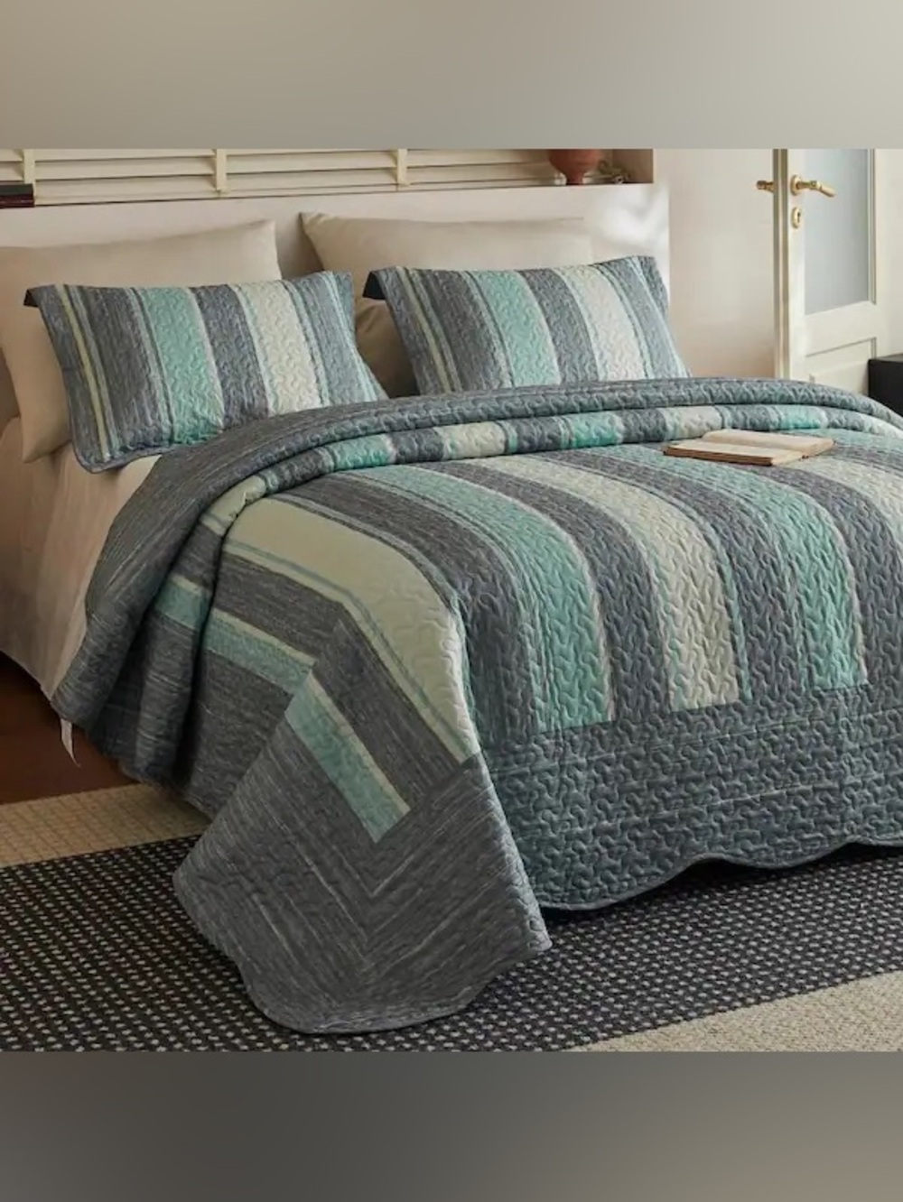 3 PIECE LIGHTWEIGHT POLYESTER MODERN STRIPED QUILT BEDSPREAD SET